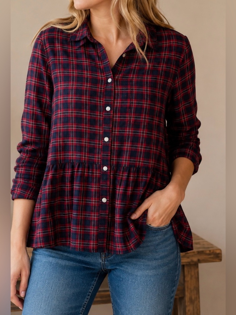 Trovata Birds of Paradis Red and Navy Plaid Half Button Peplum Shirt - Size M